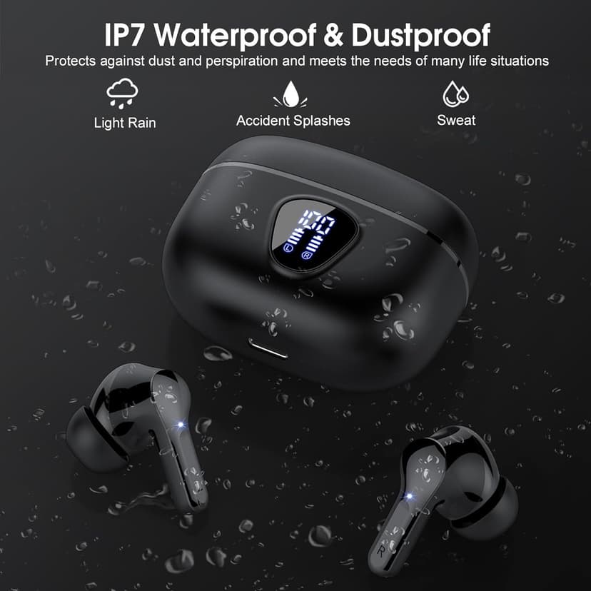 Wireless Earbuds, Bluetooth 5.4 Headphones HiFi Stereo, Bluetooth Earbuds with ENC Noise Cancelling Mic, IP7 Waterproof in Ear Earphones, 48H, LED Display Ear buds for Pad Phones Workout Sports, Black