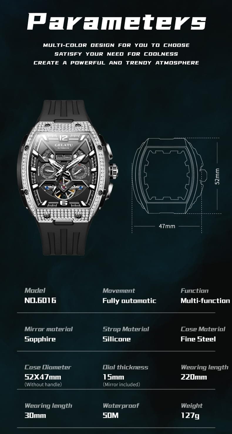 OLEVS GELATU Watch for Men Mechanical Luxury Diamond Watch Skeleton Automatic 50M Waterproof Sapphire Crystal Square Face Multi Calendar Function