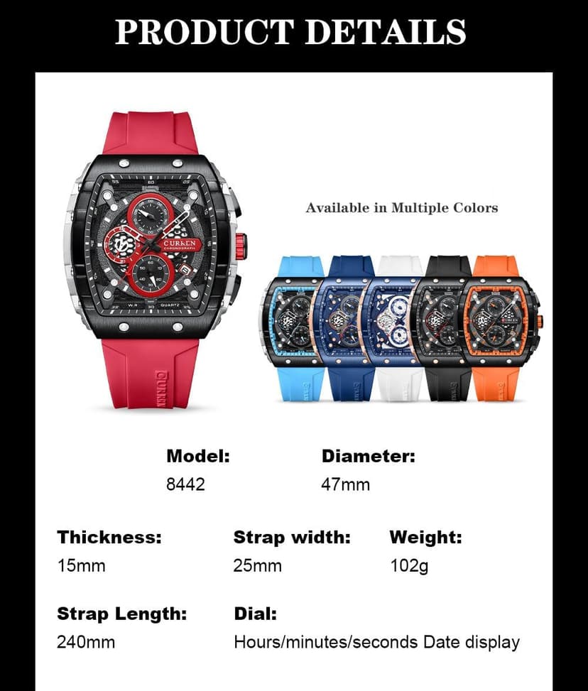 PASOY Luxury Chronograph Watches for Mens Rubber Strap Black Waterproof Date Analog Quartz Watch