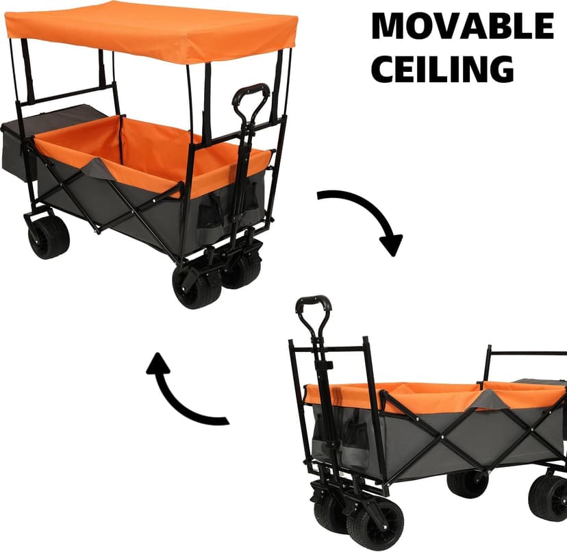 480Lbs Collapsible Wagon with Canopy Steel Orange Large Capacity Mosquito Net Camping Shopping Sports Garden Outdoor-Ready