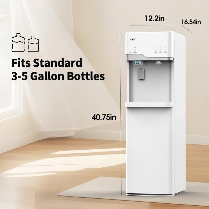 IKT 4-in-1 Hot/Cold Water Cooler with Ice Maker, 5 Gal, Bottom Load, Bullet Ice 22lbs Per Day Innovative Slim & Sleek Design for Home or Office White