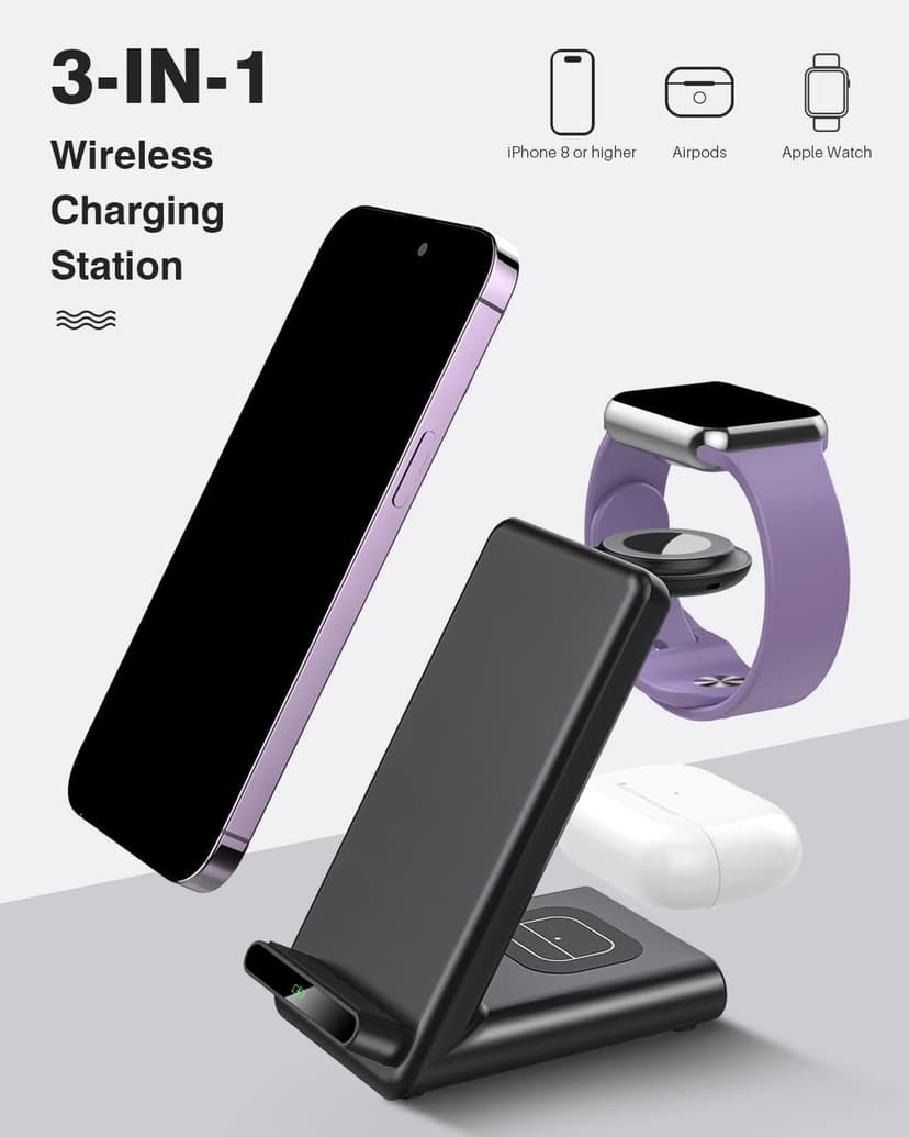Wireless Charging Station,3 in 1 Charging Stand Made for Apple Watch Ultra 11 10 9 8 7 6 SE 5 4 3,Fast Wireless Charger Made for iPhone 17/Air/16/15/14/13/12,for AirPods Pro(with Adapter) (Black)