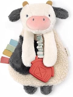 Baby Lovey With Soft Sherpa, Plush Minky, Silicone Teether, Crinkle Sounds, Textured Ribbons, and Interactive Dangle Arms Itzy Ritzy Lovey Including Teether, Teething Relief, 0 Months & Up (Cow) B0CQRVXT68