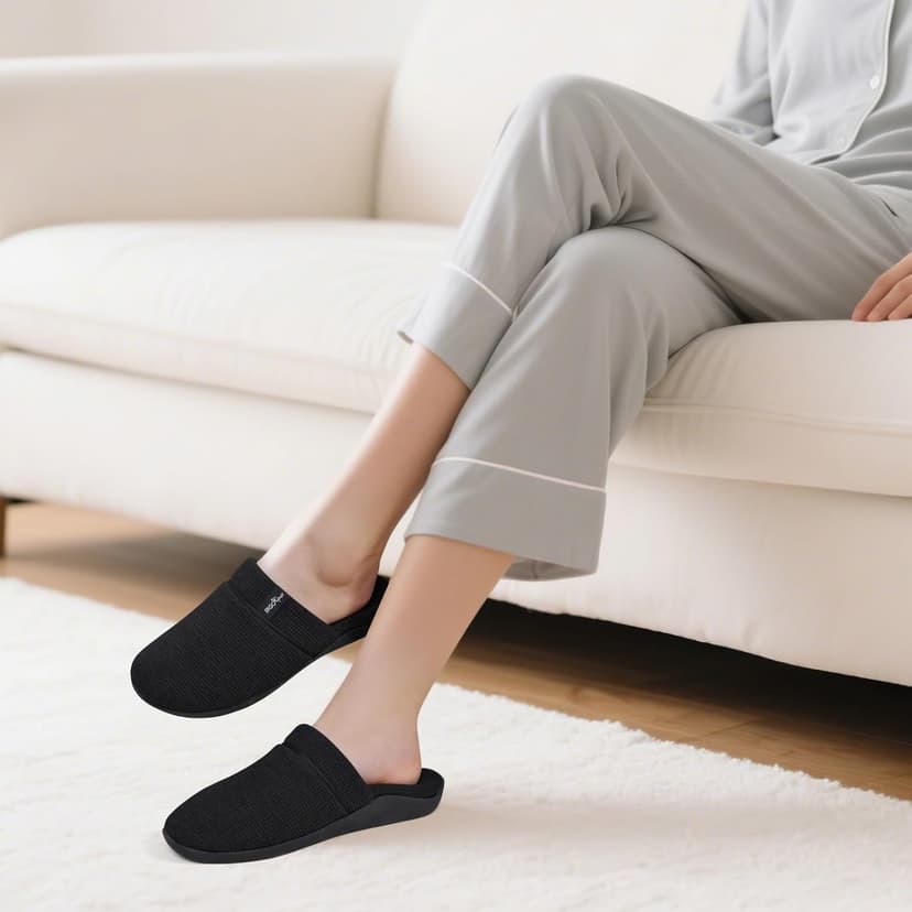 ERGOfoot Orthopedic Slippers for Women, Slip-On Style Summer Slipper with Arch Support, Cozy Comfy Scuff House Shoes for indoor and outdoor with Non-Slip Rubber Sole/Black W9