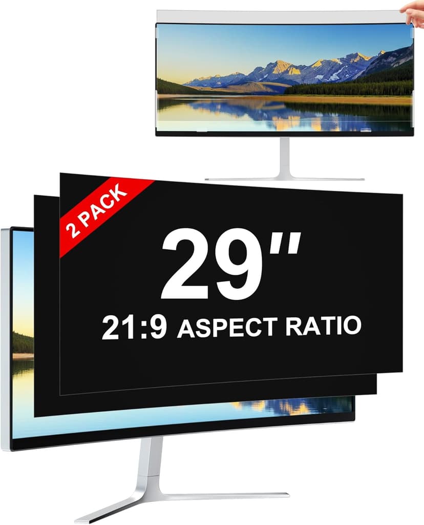 [2-Pack] Privacy Screen For Computer Monitor, 29-Inch 21:9 Aspect Ratio; Anti Spy/Bule Light/Glare And Eye Protection, 2 Install Ways Removable For Office, Airport, Cafe And Other Public Area; Diagonal 29 Inches, Width 26.66 Inches, Height 11.42 Inches
