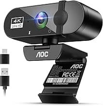 AOC 4k Webcam for PC with Microphone, Computer Camera with Noise Cancellation, Privacy Cover, 99° FOV, Plug & Play USB Webcam for Streaming, Conferencing, Zoom, Skype, Facetime, Laptop, PC, Skype