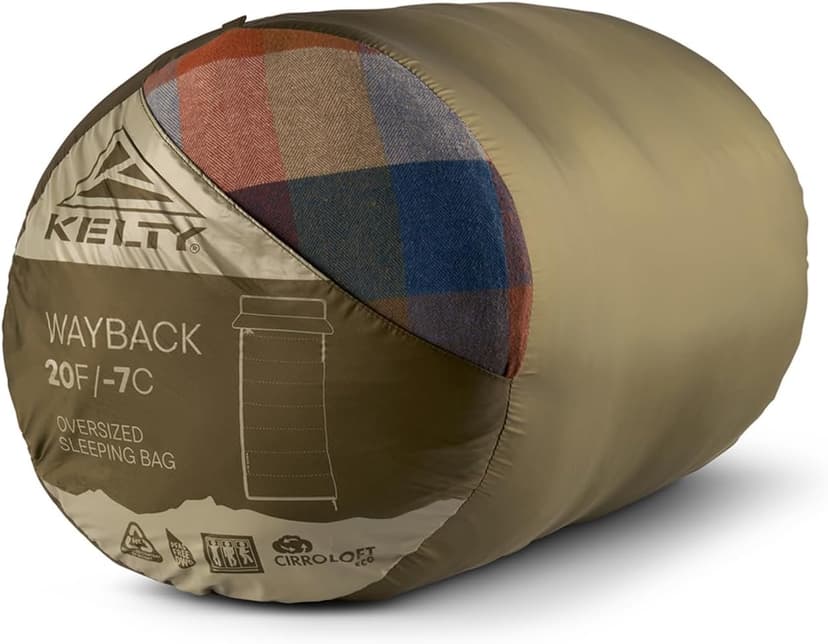 Kelty Wayback Flannel Lined Sleeping Bag, Built in Blanket, Traditional Rectangle Shape, Organic Flannel Cotton Liner, Dual Locking Slide Zips