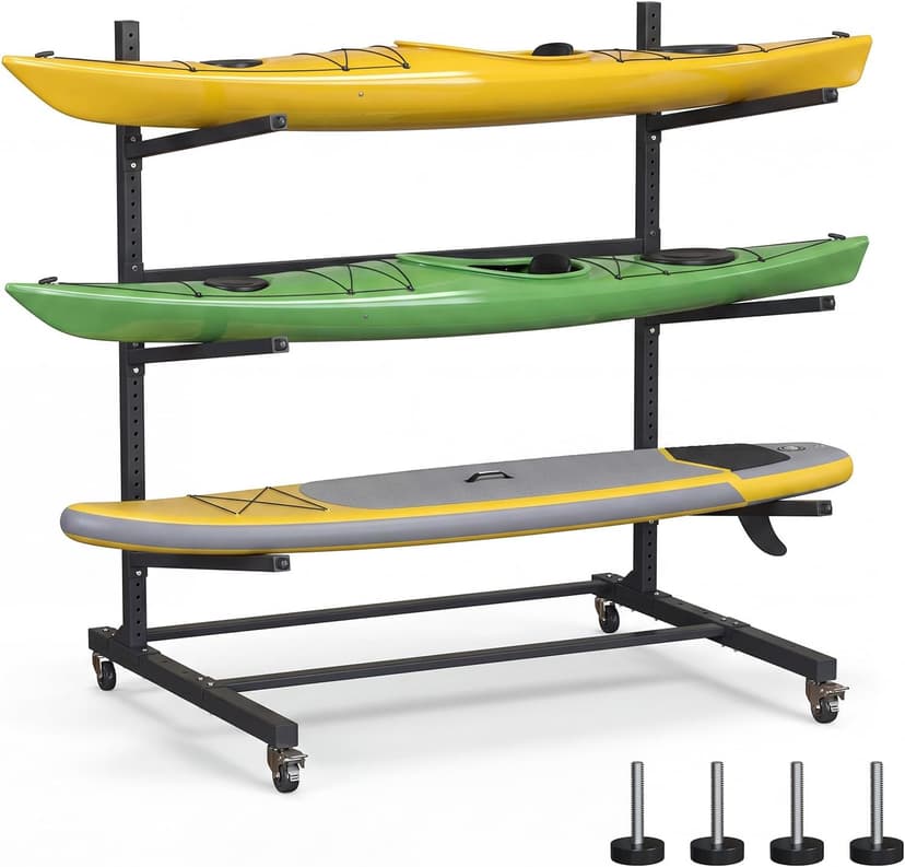 Kayak Storage Rack with Wheel, Adjustable Kayak Racks, Carbon Steel Water Sport Watercraft Storage Rack for Canoes or Surfboards