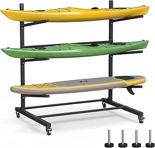 Kayak Storage Rack with Wheel, Adjustable Kayak Racks, Carbon Steel Water Sport Watercraft Storage Rack for Canoes or Surfboards