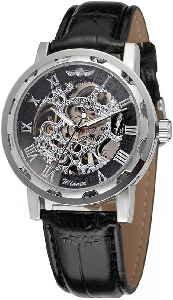 Weicam Men's Fashion Mechanical Wristwatch Transparent Dial with Skeleton Design Leather Band Automatic Manual-Winding Watch