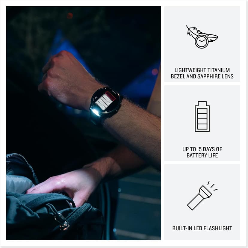 Garmin Forerunner® 970, Premium GPS Running and Triathlon Smartwatch, AMOLED Display, Built-in LED Flashlight, Carbon Gray DLC Titanium with Black Case and Black/Translucent Whitestone Band