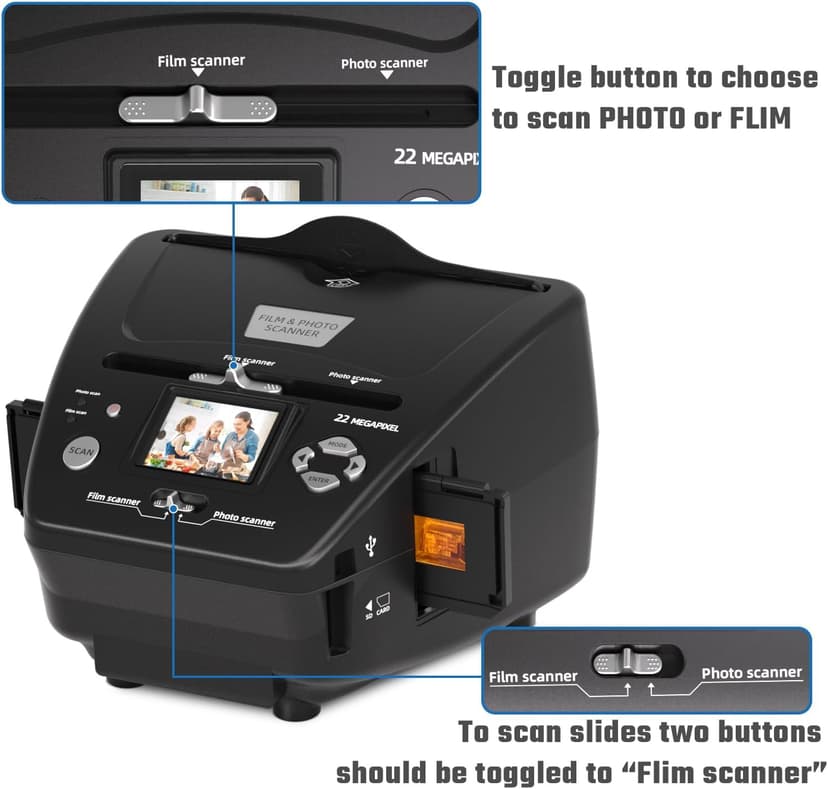 Photo and Slide Scanner with 2.4” LCD Screen, Convert Negatives & Slides 35mm/135 Film, Photo(3R,4R,5R), Business Card to 22MP JPEG Digital Photos, 4GB SD Card Included