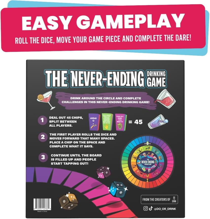 The Never-Ending Drinking Game Board Game For Adults 21+ – Dice & Dare Party Game for 2+ Players, Funny Adult Drinking Game for Parties, Pregames & Birthday Game Night, Spill-Proof Rubber Board