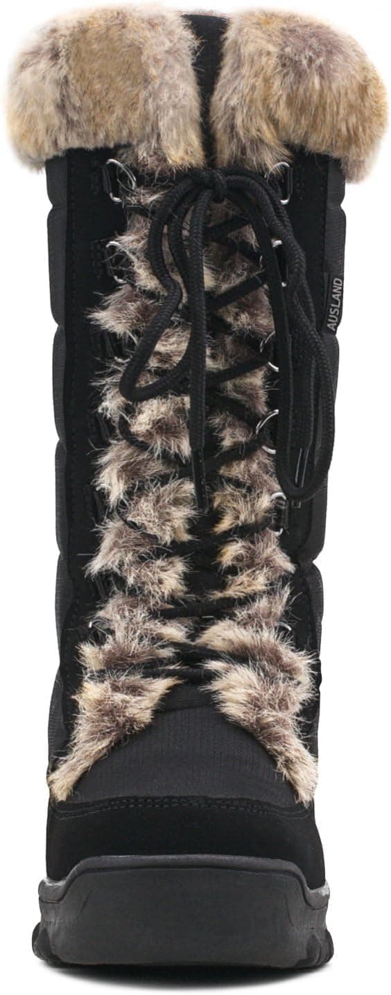 AUSLAND Women's Black Winter Snow Boots Twin Peaks Fur Cuff Mid-Calf Waterproof Lace Up Boots