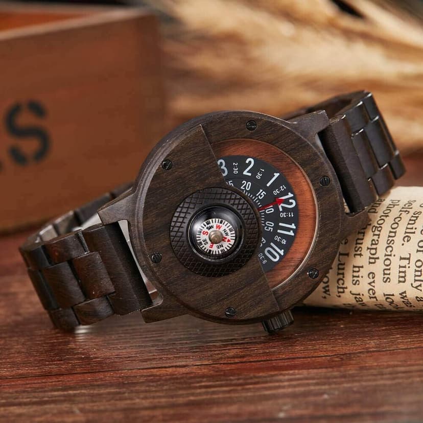 GORBEN Men's Handmade Wooden Watches Mens Lightweight Analog Quartz Wood Mens Wrist Watch with Compass