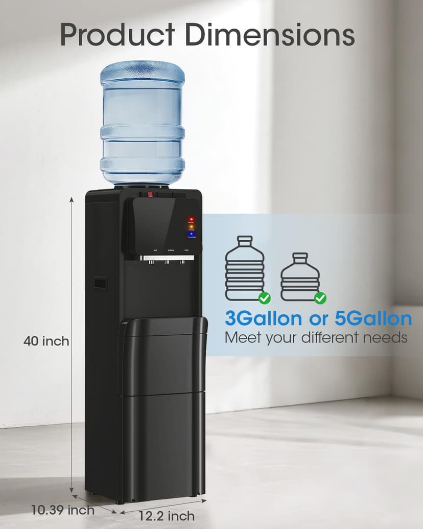 Manastin 4-in-1 Water Dispenser with Ice Maker, Hot & Cold & Room Temperature Top Loading Water Cooler with Fast Ice Making, Compatible with 3–5 Gallon Bottles, for Home and Office, Space Black