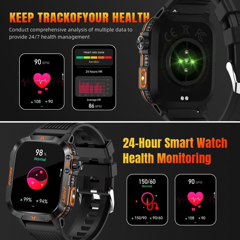 Military Smartwatch for Men, LED Flashlight Bluetooth Call IP68 Waterproof Heart Rate Blood Oxygen Sleep Tracker Fitness Pedometer Android iOS Compatible - Ideal for Hunting Hiking Extreme Sports