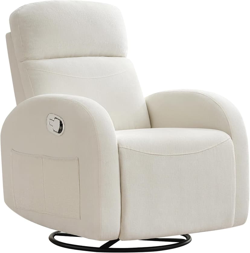 Rocking Recliner Nursery Chair, Swivel Recliner Glider for Nursery with 2 Pockets, Reclining Rocking Chair, Manual Recliners for Living Room, Bedroom, Cream White Chenille