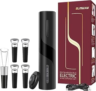 Electric Wine Opener Set by ELMWAY - Rechargeable Wine Bottle Opener & Corkscrew with Foil Cutter / 4 x Vacuum Stoppers/Premium Wine Aerator Pourer, Ideal Wine Gifts for Wine Lovers - Black