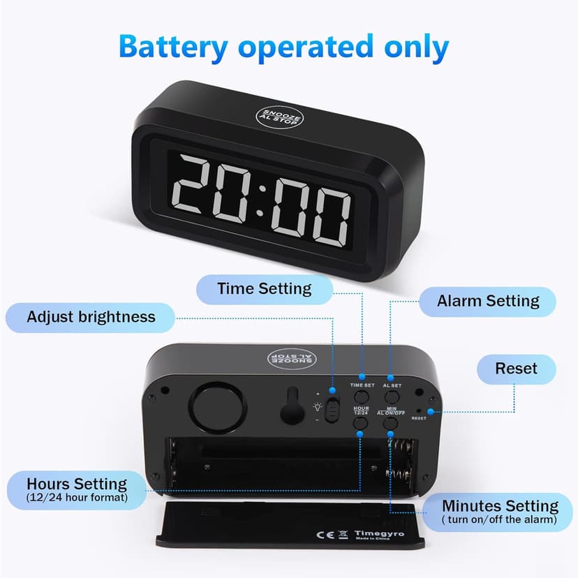 Timegyro Digital Alarm Clock Battery Operated with LED Display for Bedrooms, Long Battery Life for 12 Months, 3 Brightness Adjustable, 12/24 Hour, Snooze, Black Case with White Digits