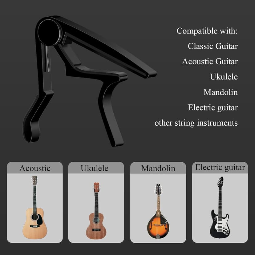 Guitar Capo, Capo for Acoustic Guitar 6 String and 12 String, Guitar Capo with Pick Holder and 5 Picks, Metal Capo for Ukulele, Mandolin, Banjo, and other String Instruments (Black)