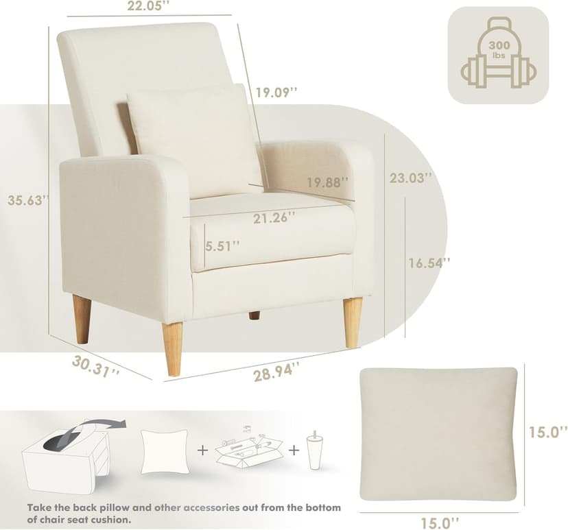 COLAMY Mid-Century Modern Upholstered Accent Chair with Back Pillow & Solid Wood Legs, Fabric Cozy Armchair for Living Room, Bedroom, Reading Nook, Apartment & Small Spaces, Beige