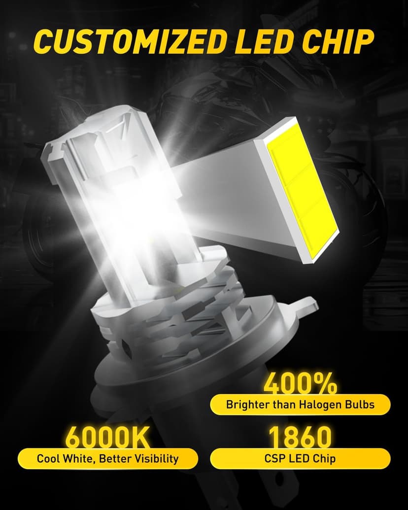 AUXITO H4 Light Bulb Hi/Low for Motorcycle, 400% Brighter, 9003 Bulb 6000K Cool White H4 Fog Light Fanless, Plug and Play, Pack of 1