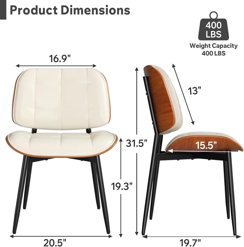 Dining Chairs Set of 2, Mid Century Modern Dining Room Chair with Thick Cushion, Upholstered Faux Leather Kitchen Chairs with Walnut Bentwood Back for Kitchen Dining Room, Beige