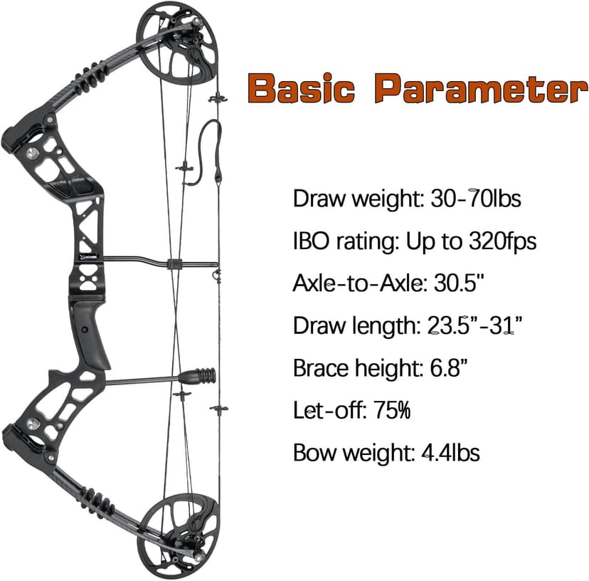Compound Bow and Arrow Set, 30-70 Lbs Draw Weight, 23.5"-31" Draw Length, Right Handed Bow for Adult, 320 Fps Hunting & Target Bow with Accessories