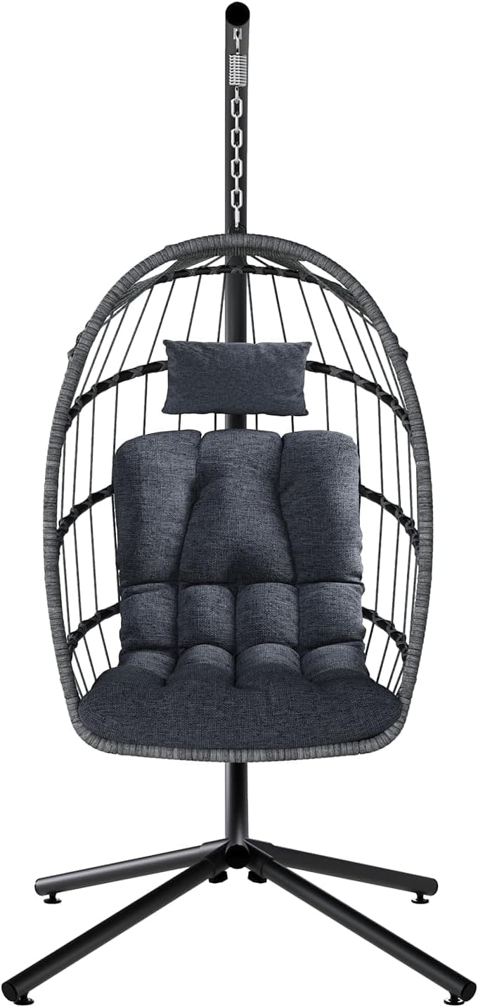SWITTE Egg Chair Outdoor with Stand, Indoor Wicker Hanging Egg Swing Chair with Cushion, 350lbs Capacity for Patio, Bedroom, Garden - Dark Grey