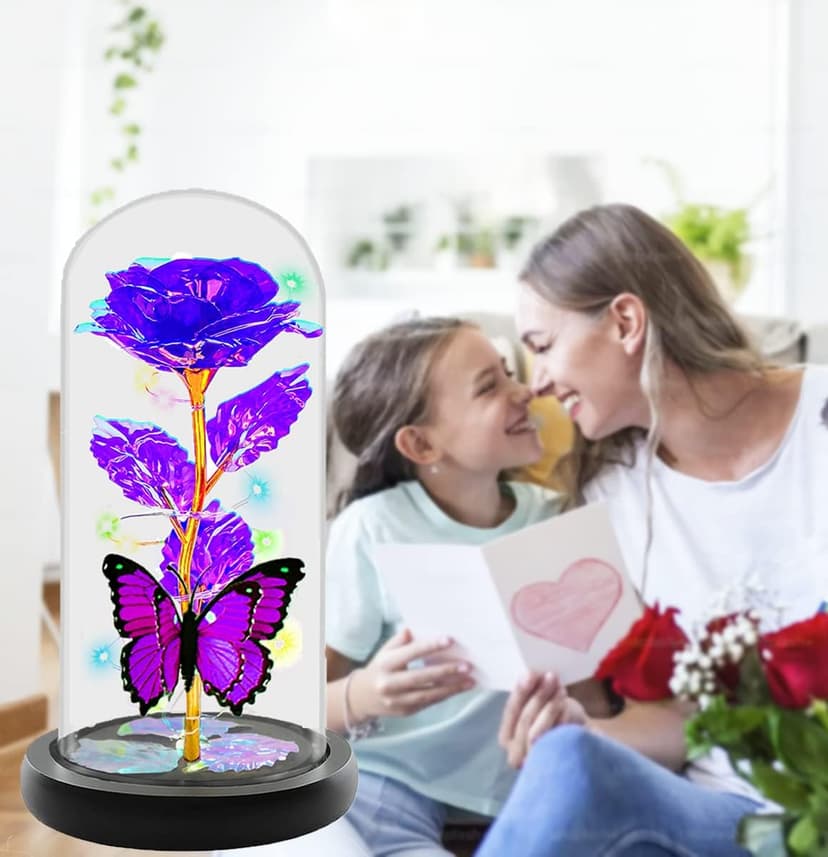 Christmas Rose Gifts for Women, Womens Gifts for Christmas Mom Sister Grandma Wife Her,Galaxy Crystal Light Up Rose Flower in A Glass Dome,Birthday Gifts for Women Butterfly Valentines Presents Purple