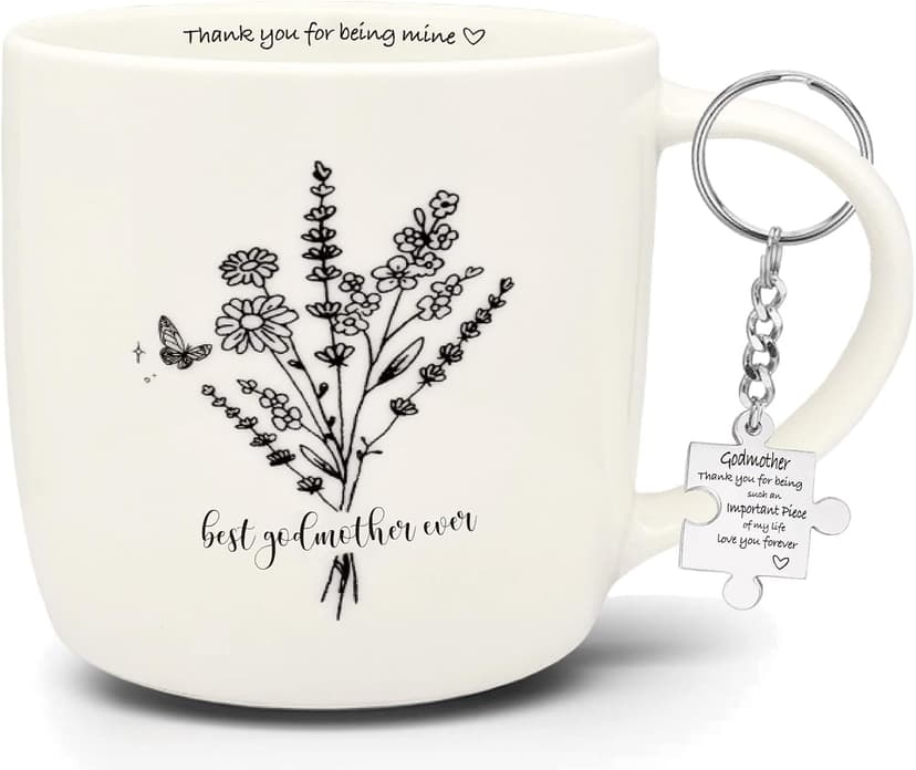 Best Godmother Ever Mug 12 Ounces Ceramic Coffee Cup Floral Beige with Keychain, Gift for Godmother Birthday, Mother’s Day, Christmas from Godchild