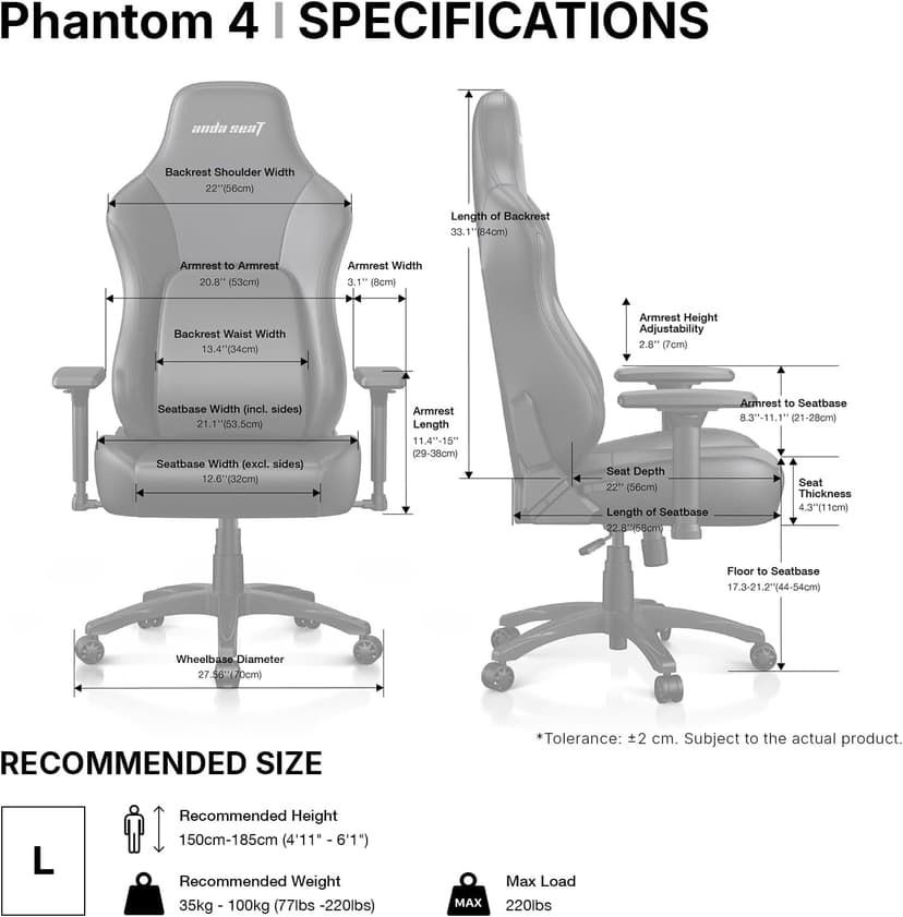 Anda Seat Phantom 4 Black Fabric Gaming Chairs for Adults - Large Wide Seat Gamer Chair with Dynamic Lumbar Support, Comfortable Ergonomic Video Game Seats with Headrest - 2D Armrests