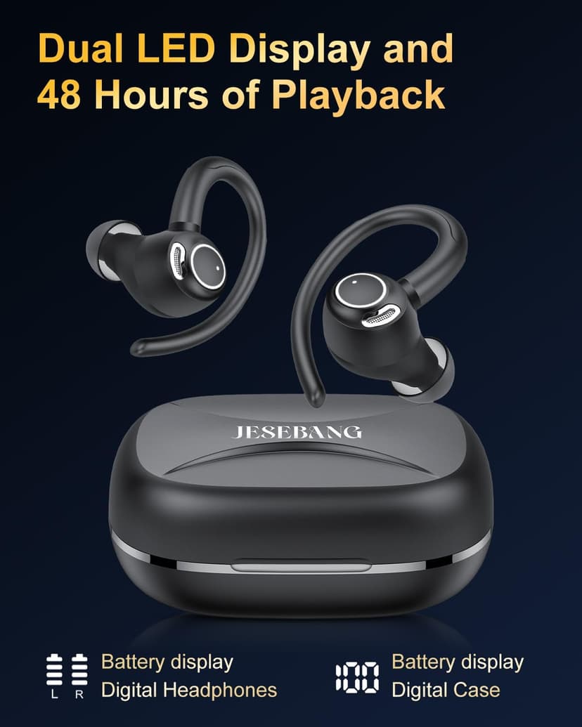 Wireless Earbuds, Bluetooth 5.4 Headphones Sport, Over Ear Buds With ENC Noise Cancelling Mic, 48H, Wireless Earphone With Earhooks, Stereo Deep Bass, IP7 Waterproof ear bud for Workout Running, Black