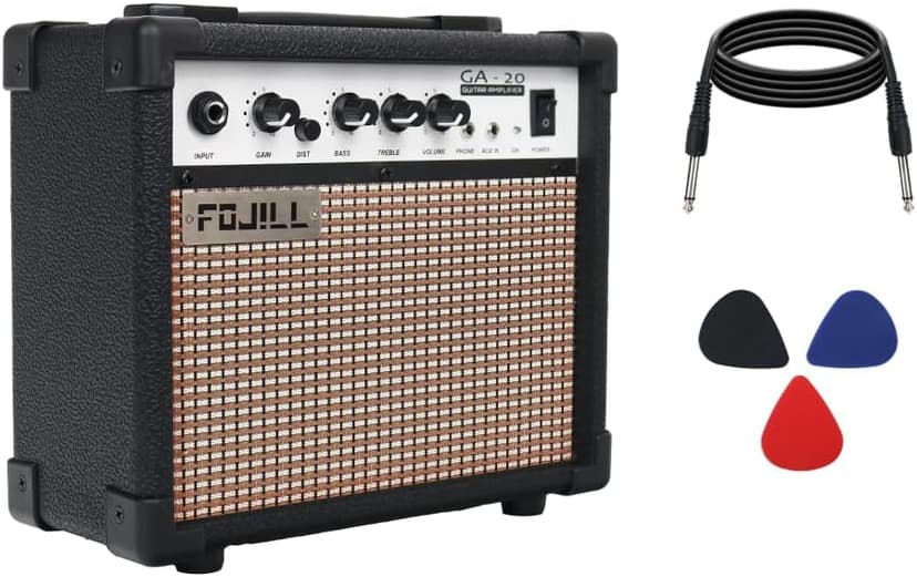 Fojill 20W Watt Electric Guitar Amplifier Amp Practice Small Portable Travel Mini Amp with 3.5 Headphone Jack Aux Distortion Gain Treble Bass Volume (Black, 20W)