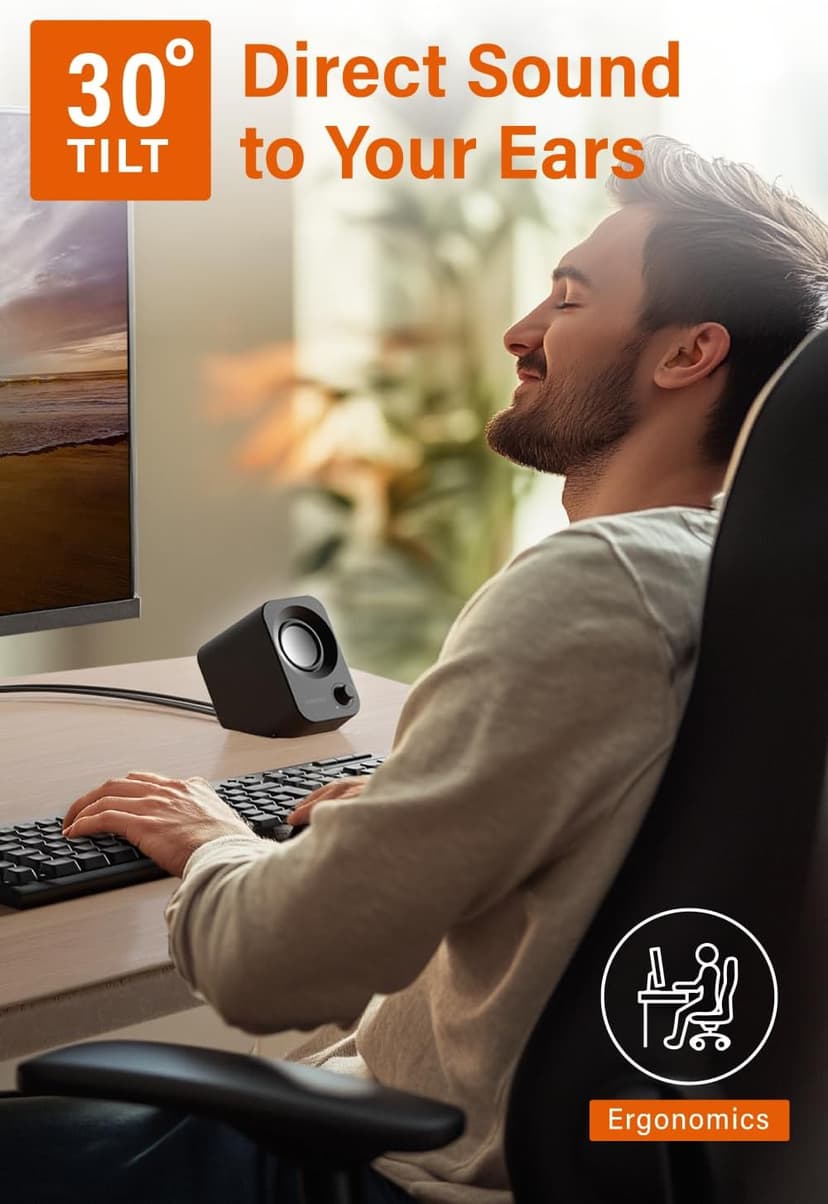FUNLOGY Speaker - 14W Stereo PC Speakers, USB Powered, Compact Size with 30° Tilt Design, Volume Dial Control, for Desktop, Laptop, Monitor, Gaming Consoles, Black