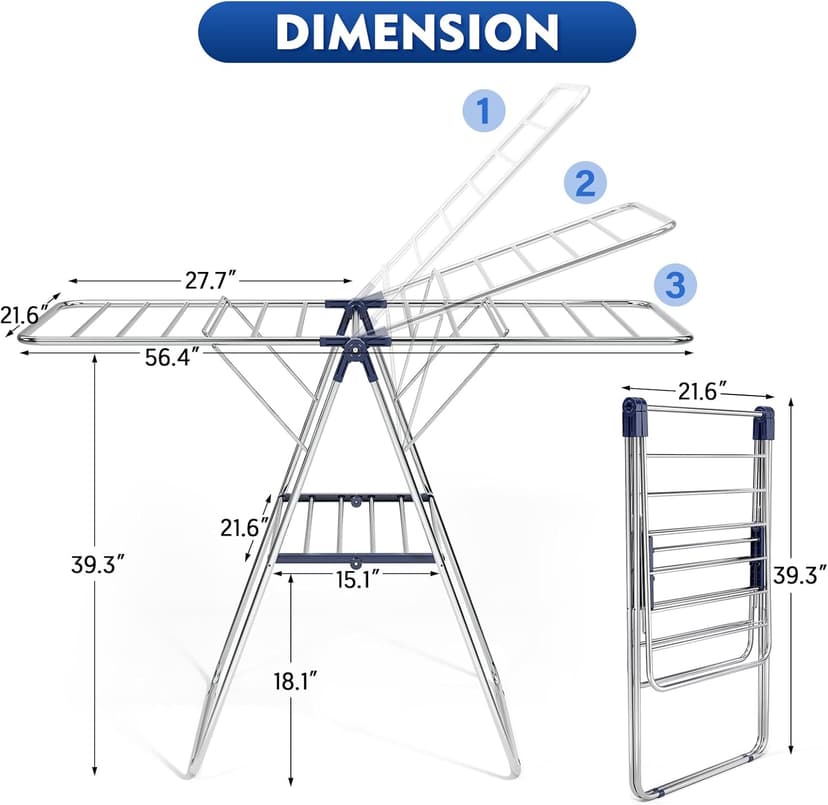 APEXCHASER Clothes Drying Rack, Stainless Steel Drying Rack Clothing with Height-Adjustable, Foldable Gullwings Laundry Drying Rack, Indoor Outdoor Use, No Assembly