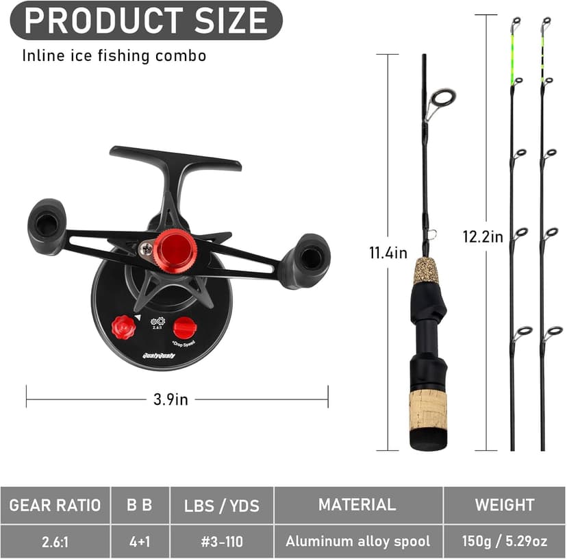QualyQualy Ice Fishing Rod and Reel Combo 24 inch M/ML Inline Ice Fishing Combos 2 Different Tips for Walleye Perch Panfish and Trout