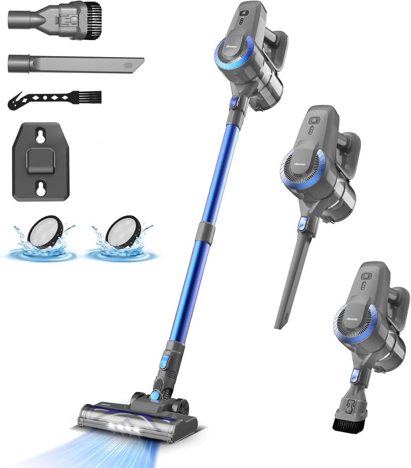 DEVOAC N300 Cordless Vacuum Cleaner, 6 in 1 Lightweight Stick Vacuum, 2200mAh Battery Up to 40mins Runtime, Powerful Handheld Vacuum for Hard Floor Rug Pet Hair Home Dorm (Blue)