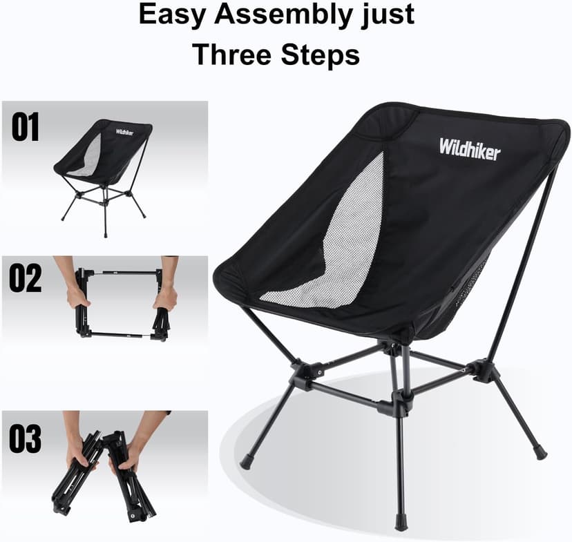 Wildhiker Lightweight Camping Chair – Folding Portable Chair for Adults, 2.16 lbs with Square Base and Carry Bag for Travel, Fishing, Motorcycle, Festival– Black