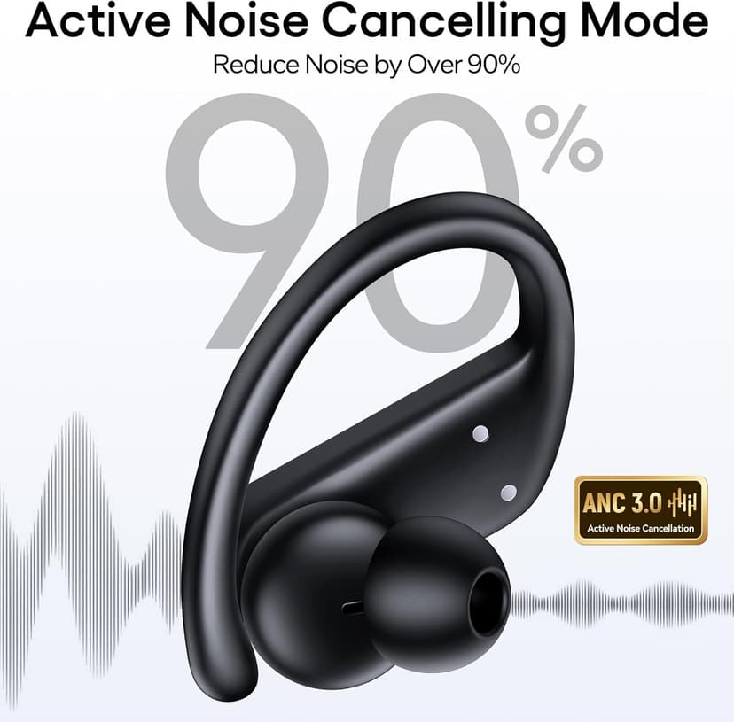 Hybrid Active Noise Cancelling Wireless Earbuds 80 Hrs Playtime Hi-Res Stereo Sound Bluetooth Headphones with Transparency Mode Ear Buds with Earhooks ANC Sports Earphones for Workout Running Travel