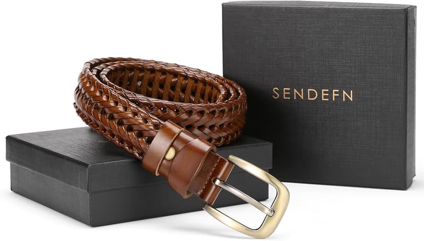 SENDEFN Leather Braided Belts for Men, 1 3/8" Casual Woven Leather Belt for Men Jeans Golf Dress Pants with Gift Box