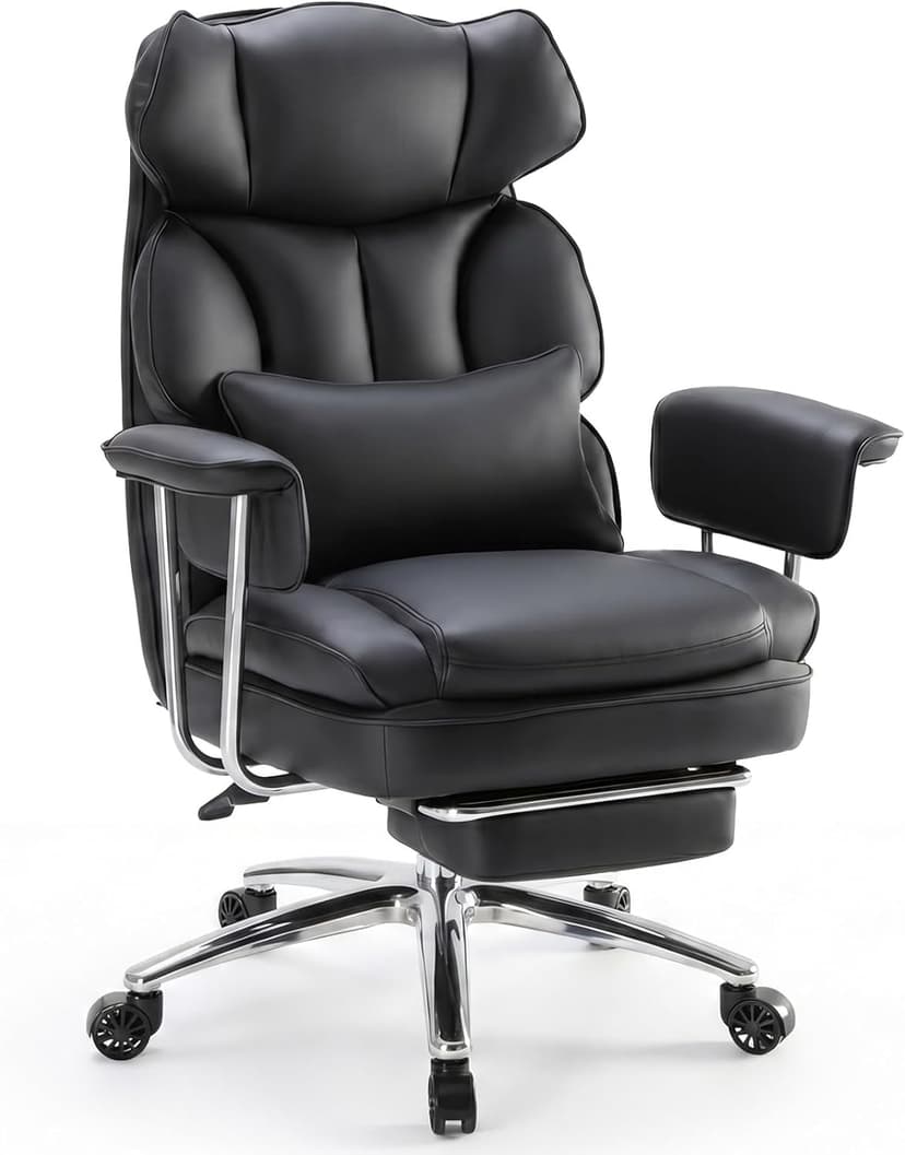 Sweetcrispy Executive Home Office Desk Chair - Ergonomic Big Tall High Back with Footrest & Lumbar Support, Reclining Height Adjustable, Comfy PU Leather Computer Gaming with Swivel Wheels, Black
