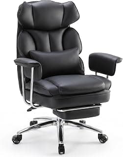 Sweetcrispy Executive Home Office Desk Chair - Ergonomic Big Tall High Back with Footrest & Lumbar Support, Reclining Height Adjustable, Comfy PU Leather Computer Gaming with Swivel Wheels, Black