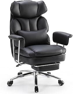 Sweetcrispy Executive Home Office Desk Chair - Ergonomic Big Tall High Back with Footrest & Lumbar Support, Reclining Height Adjustable, Comfy PU Leather Computer Gaming with Swivel Wheels, Black