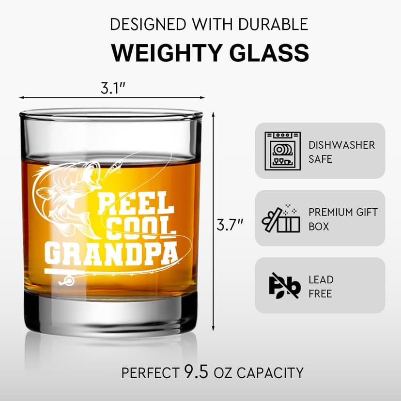 Cool Fishing Gifts for Grandpa,Man,Father in-law,Brother-in-law,Reel Cool Grandpa Whiskey Glass,Christmas,Thanksgiving,Birthday,Fathers Day Grandfarther Gift,Fisherman Gifts for Friends-wh23