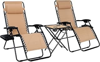 Amazon Basics Outdoor Textilene Adjustable Zero Gravity Folding Reclining Lounge Chair Set with Cup Holder, Side Table, Headrest, Weather-Resistant, 35 x 26 x 43 inches, Beige, 2-Pack