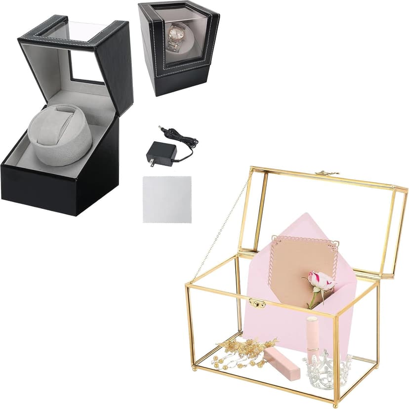 MAOPINER Single Automatic Watch Winder with Japanese Mabuchi Quiet Motor & 10 x 5.7 x 7.8 inch Vintage Gold Glass Jewelry Box