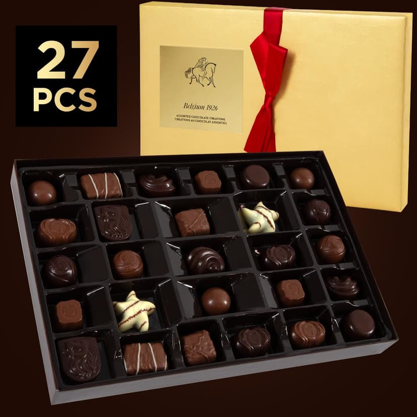 27 Chocolates Pack of Belgium Assorted Chocolate, Mothers Day Gift Basket and Holiday Celebrations, white, nuts, caramels Gourmet Chocolate Gift Box, 11.3 OZ B0DSYP3ZKY