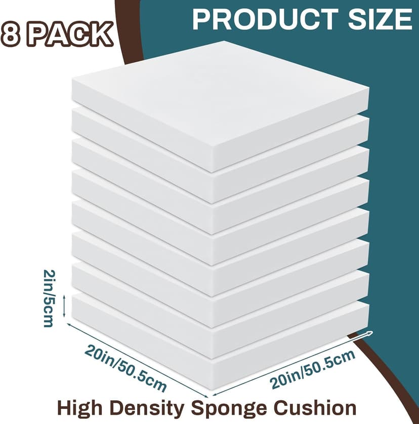 Frienda 8 Pack 2" x 20" x 20"Upholstery High Density Foam Cushion 50 ILD Replacement Square Cut to Size Foam Couch or Commercial Dinning Chair Couches Chair Padding DIY Projects